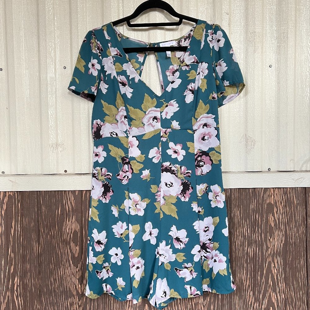 Leith short romper green floral print open back size L women's